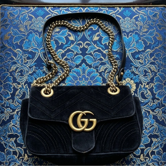 Gucci Handbags - Gucci Black Velvet Marmont Shoulder Bag GG Authentic